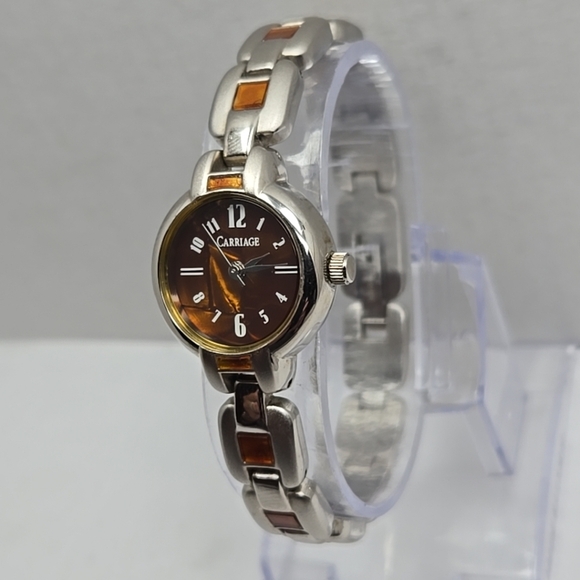 Womens Carriage By Timex Quartz Watch Silver Tone Amber Brown MOP New Battery - Picture 2 of 9